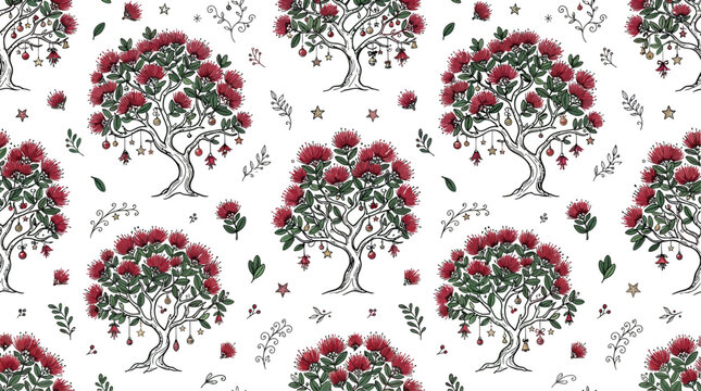 pohutukawa christmas tree seamless vector pattern with red flowers and green leaves in hand-drawn style