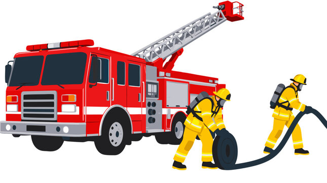 Two brave firefighters in protective yellow gear and helmets unrolling a black firehose beside a red emergency fire truck with extended ladder vector illustration over white background