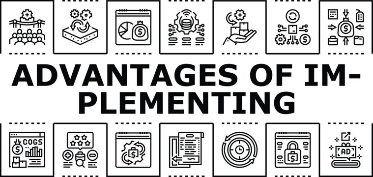 Advantages of implementing banner infographic. Optimization consistency, benefits accuracy, implementation scalability icon vector illustration