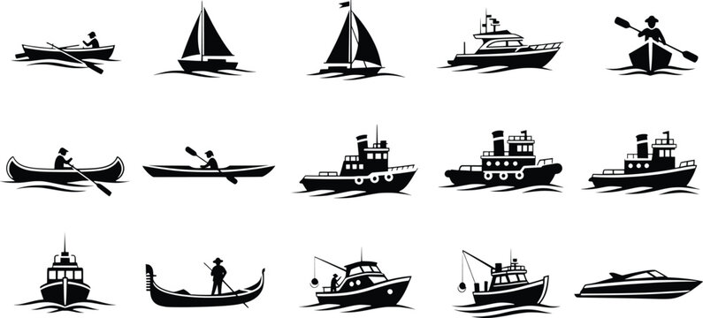 Black silhouette boat icon collection featuring various watercraft vessels types like sailboats motorboats canoes and kayaks for nautical themed design assets.