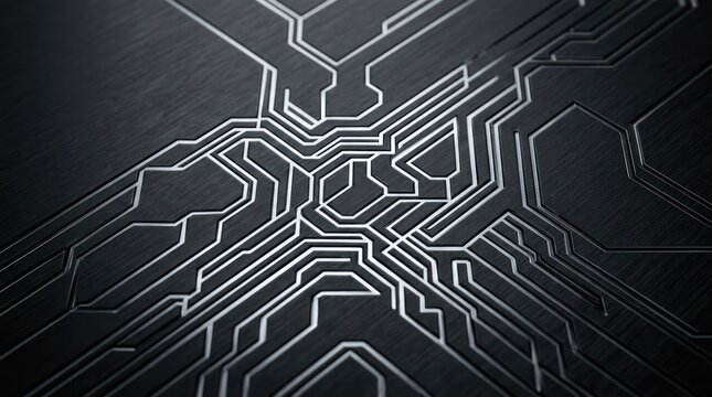 Futuristic circuit pattern in dark metal background with glowing lines