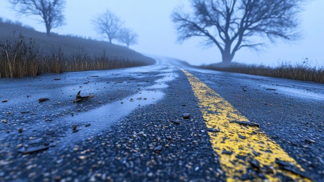 Lonely rural road through foggy hills with damp grass bare trees and blue morning light for noir thriller scenes