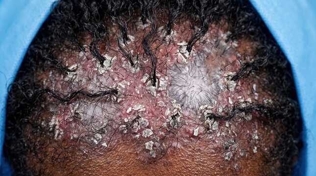 Severe scalp psoriasis or tinea capitis with thick scales on dark skin