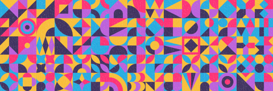 Geometric Neo geo seamless pattern grid mosaic. Retro Swiss style design, modern minimalistic art composition, decorative graphic elements template, abstract shape layout blocks background