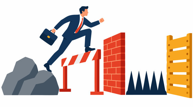 Businessman in suit with briefcase climbing over obstacles barriers rocks brick wall spikes wooden fence bold flat colors vector illustration white background success perseverance determination