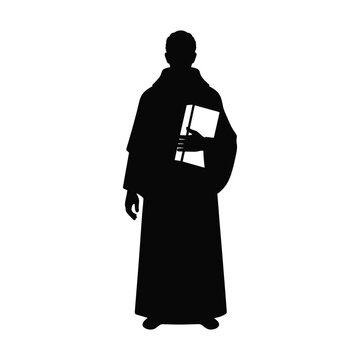 Priest in black clerical robe holding holy bible is religious minister vector silhouette art