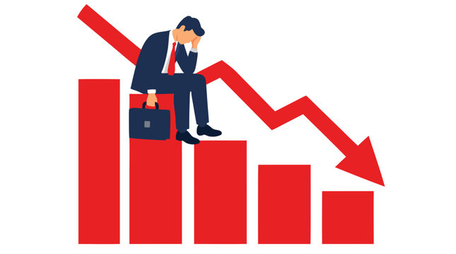 Depressed unemployed businessman in suit sitting dejectedly on descending bar graph with large red arrow pointing downward, economic recession, financial crisis, job loss concept, bold flat colors
