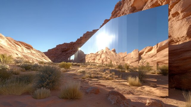 Reflective glass structure integrated into red desert canyon wall under strong midday sun