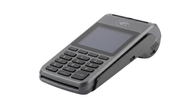 Portable credit card reader terminal on transparent background