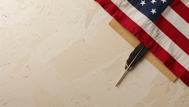 American Flag Displayed With a Feather on a Light Surface