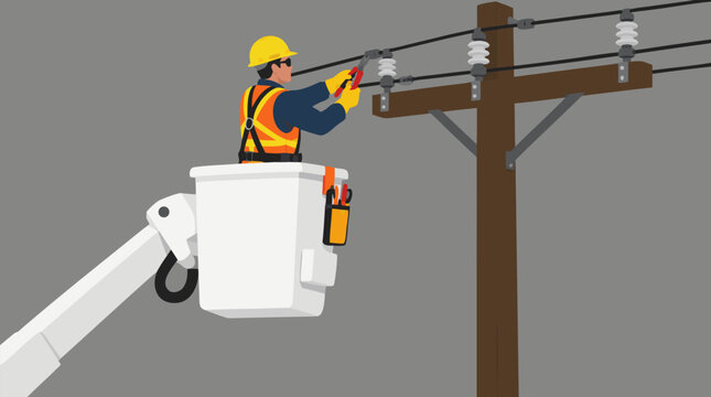 Flat vector illustration of an electrician lineman wearing a yellow hard hat and safety vest standing inside an elevated bucket truck repairing overhead power lines on a wooden pole