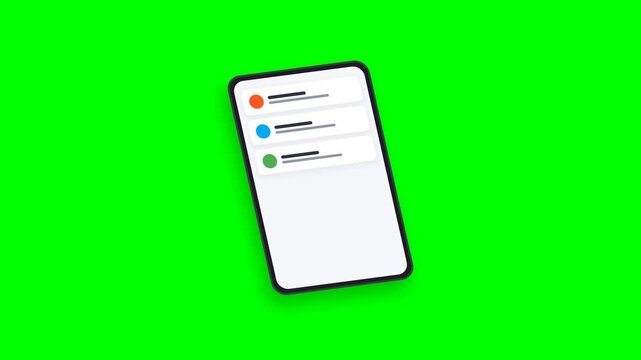 Clean isometric 2D motion graphic of a modern floating smartphone displaying smooth incoming message notifications and social media likes with bouncy animations on alpha channel style.