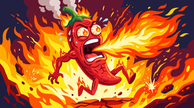 Funny cartoon spicy red chili pepper character running in flames breathing fire with sweating expression and burning background