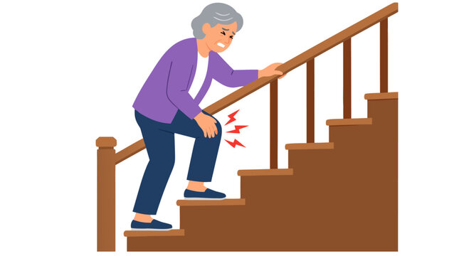 Senior elderly woman in purple cardigan wincing in joint pain while climbing wooden stairs holding handrail, knee osteoarthritis and physical therapy concept in flat vector illustration