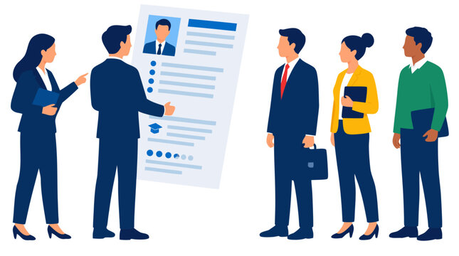 Two corporate human resources managers comparing a giant paper resume sheet against three diverse job candidates, employment recruitment and talent search in flat vector illustration