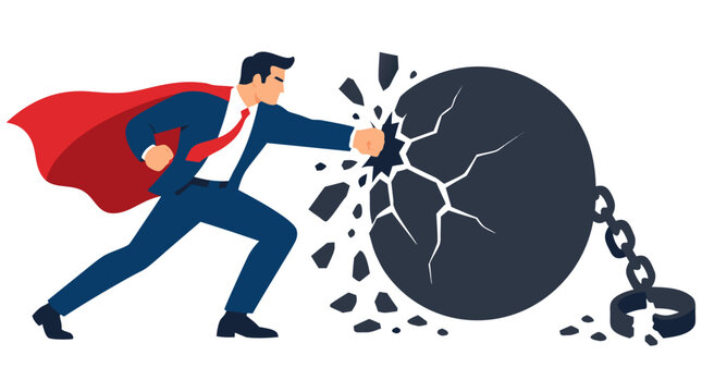 Brave superhero businessman in navy suit and fluttering red cape smashing a giant cracked black debt wrecking ball with a powerful fist punch, bold flat vector illustration on white