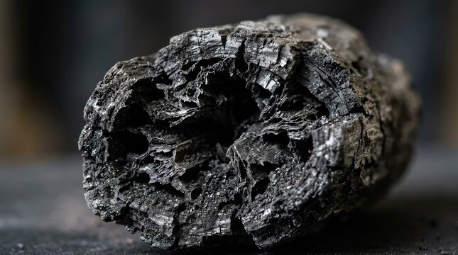 Close up of dark meteorite rock with rugged texture and cratered surface