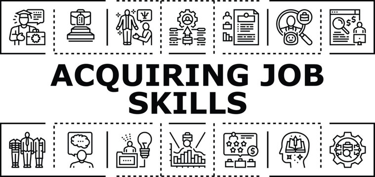 Acquiring job skills banner infographic. Improvement aptitude, training education, discipline proficiency icon vector illustration
