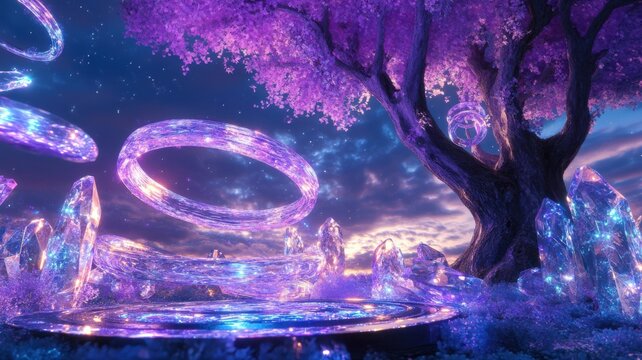 Magical twilight landscape with floating crystal rings orbiting a glowing tree above a levitating platform