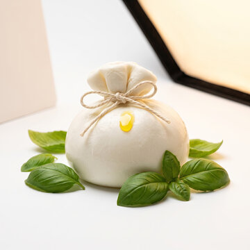 Fresh burrata cheese with green basil leaf offers delight