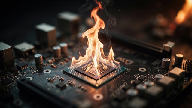 Computer processor chip burning on circuit board
