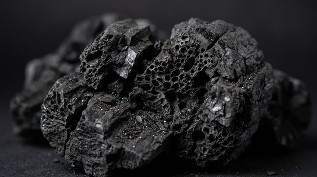 Close up of raw black mineral rock texture with moody dark background