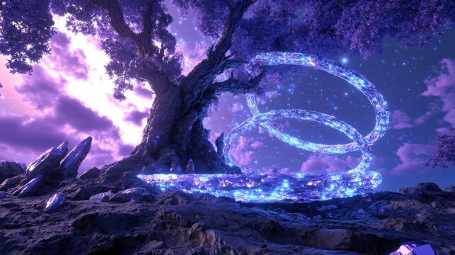 Magical twilight landscape with floating crystal rings around a glowing tree on a levitating platform