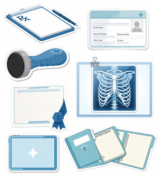 Set of blue medical records and rx document icons, prescription pad, clipboard, x-ray film, and patient folder, isolated on white background, generative ai