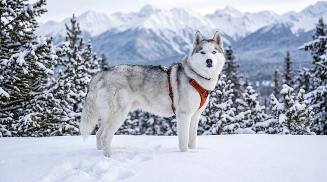 A beautiful siberian husky standing in the snow against a stunning backdrop of snowcovered pine trees and majestic mountains on a crisp, clear winter day