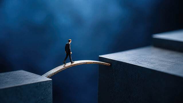 Business growth and progress lead to success as confident man crosses gap on curved bridge in dark abstract environment