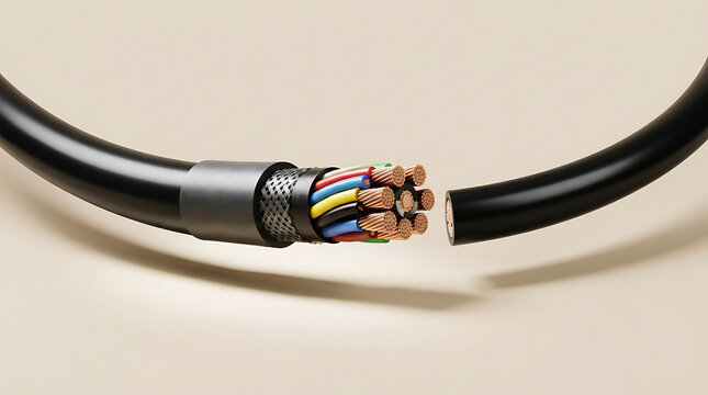 Close up of a black hdmi cable connector with colorful wiring inside