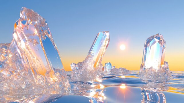 Metallic reflective plains with floating crystal spires beneath twin glowing suns in an alien sky