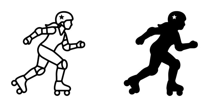 Roller Derby Athlete Vector Icons: Silhouette and Outline of Woman on Roller Skates, Action Sport Graphics for Athletic Branding and Team Design
