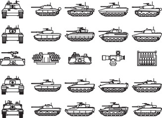 Obraz premium A collection of various tank illustrations, showcasing different military vehicle designs in a clear, organized grid.