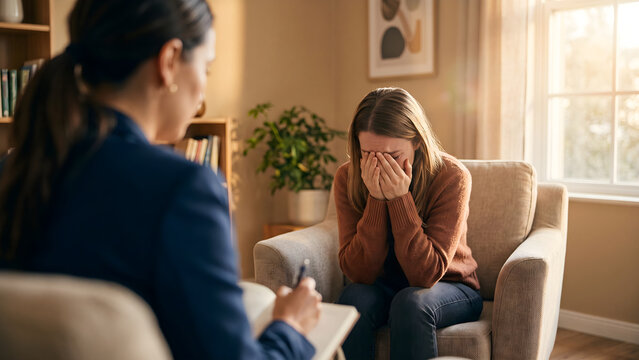 Young woman crying during a therapy session with a female psychologist