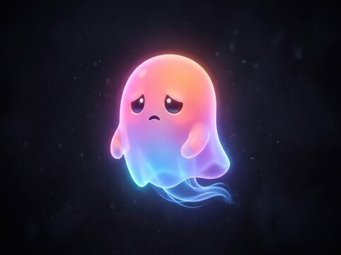 A cute sad little ghost glowing with soft pink and blue light floating in the dark night sky for a halloween celebration design