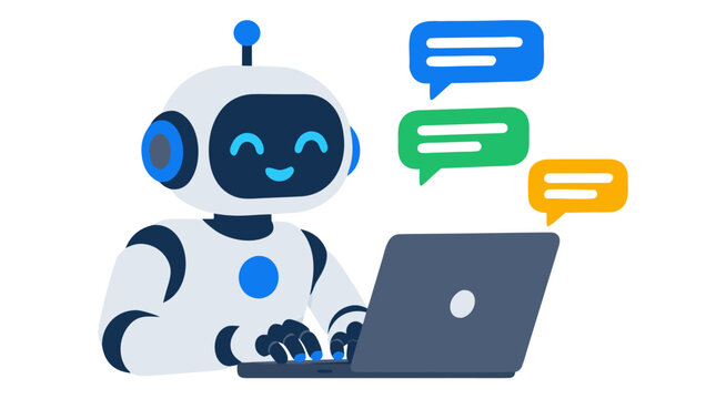 Vector illustration of a cute white humanoid robot sitting at a laptop computer typing with colorful text chat speech bubbles floating above against an isolated solid white background