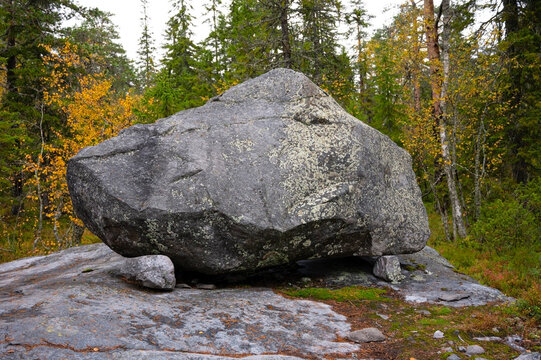 A massive glacial boulder covered with lichens
