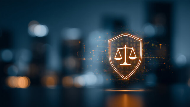 A digital shield containing scales of justice represents legal protection regulatory compliance and secure governance.

