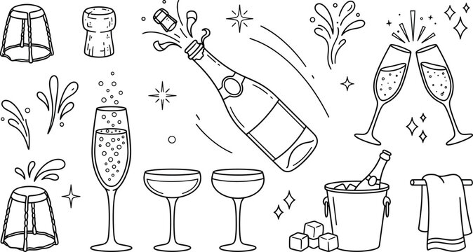 Champagne bottle popping vector outline icon set with sparkling wine glasses ice bucket cork cage and celebration elements