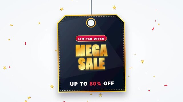 Golden Mega Sale hanging tag template on white background with confetti and up to eighty percent discount offer