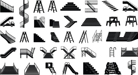 Stairs ladders and architecture steps vector silhouette icons collection set including spiral staircase escalator and airport ramp © BabliAra