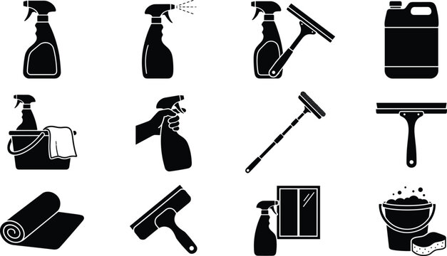 Window cleaning supplies and household janitorial service tools vector silhouette icons set with squeegee and spray bottles