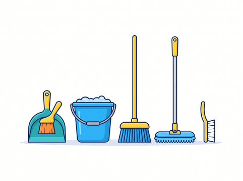 Household Cleaning Tools with Mop, Bucket, Broom and Brushes