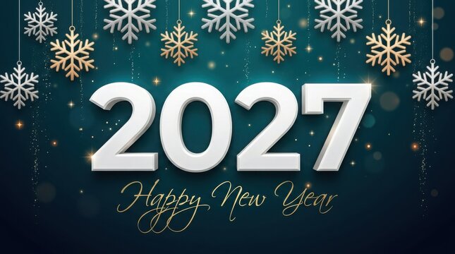 Elegant 2027 happy new year sign with hanging snowflakes