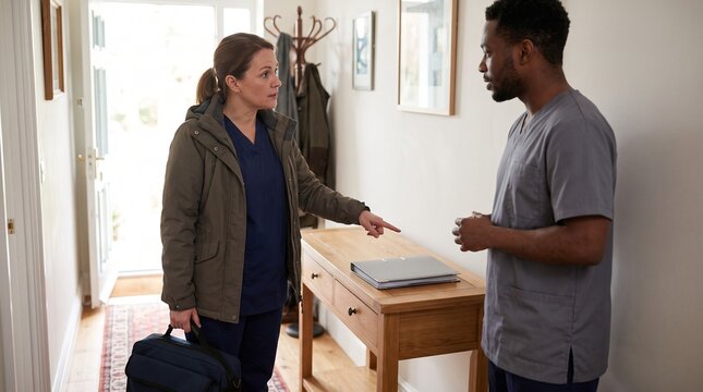 Home caregivers discussing a handover at a residential entrance