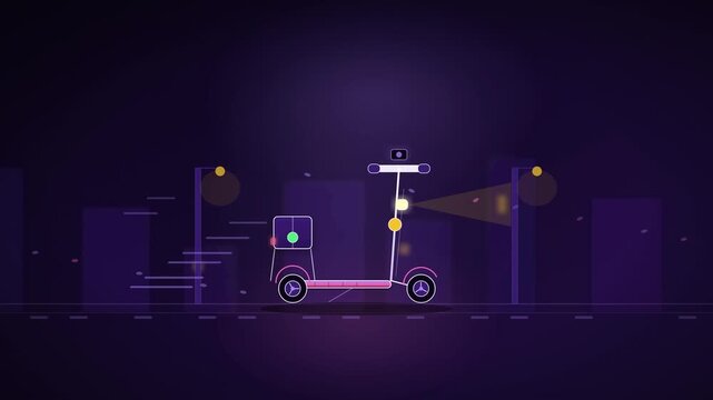 Animated Electric Scooter Riding on City Street at Night Loopable Vector Motion Graphic