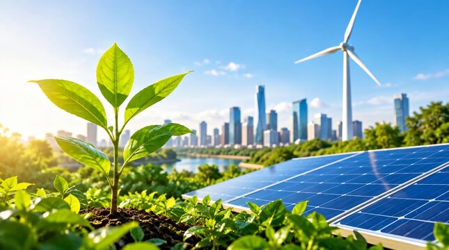Solar panels and wind turbines in city on sunny day.