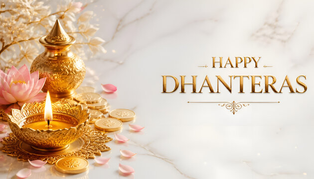 Happy dhanteras greeting card with golden kalash and lit diya on marble background