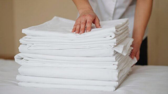 Hotel housekeeper folding fresh white bed sheets